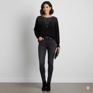 Vita Milano Elegant Black Sweater with Silver Accents Size L